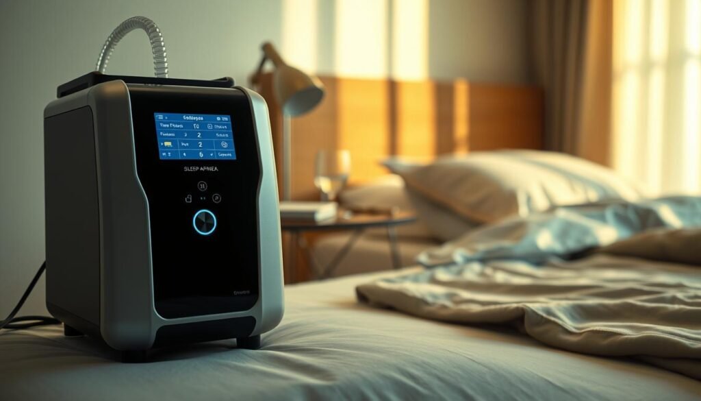 A modern sleep apnea machine prominently displayed in the foreground, with sleek, advanced design features and a digital screen showing various settings. In the middle, a tranquil bedroom environment with soft, warm lighting adds to the calming atmosphere, showcasing a bedside table with a glass of water and a book. In the background, a cozy bed with fluffy pillows and a neatly folded blanket implies a restful night's sleep. The air is infused with serenity, and gentle shadows play across the room, enhancing the focus on the machine's functionality. The image is shot from a slightly elevated angle, creating depth, while the soft focus highlights the machine's importance in promoting better sleep quality and breathing support.