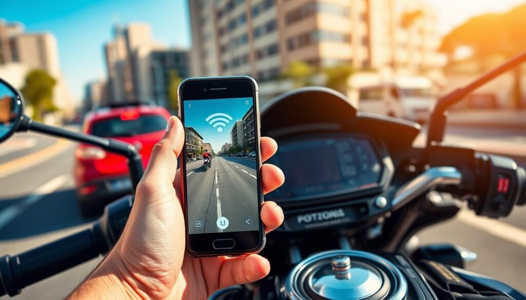 A motorcycle dashboard with a sleek and modern design, prominently featuring a digital recorder interface showcasing WiFi connectivity icons. In the foreground, display a smartphone held by a rider in a modest casual outfit, the screen illuminated with real-time footage from the motorcycle’s camera. The middle ground presents a vibrant urban street scene with blurred motion of a passing vehicle to suggest the dynamic environment. In the background, a clear blue sky enhances the bright atmosphere, while warm sunlight casts gentle shadows. Use a shallow depth of field to focus on the smartphone and the digital recorder, capturing the essence of modern technology aiding riders in accident documentation. The overall mood should convey a sense of safety, innovation, and readiness.