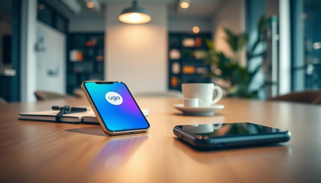 A sleek mobile device displaying the UG娛樂城 app on its screen, highlighting its modern interface and vibrant color scheme. In the foreground, the phone rests on a clean, polished wooden table, with a soft, diffused light illuminating the screen, creating an inviting and professional atmosphere. The middle ground features subtle items like a notebook and a cup of coffee to suggest a focused work environment. In the background, a blurred view of a contemporary office with soft-focus shelving and greenery adds depth. The overall mood is one of professionalism and technological advancement, showcasing the importance of mobile apps in today’s digital age. The scene is captured at a 45-degree angle, emphasizing the app's interface and engaging the viewer’s attention.