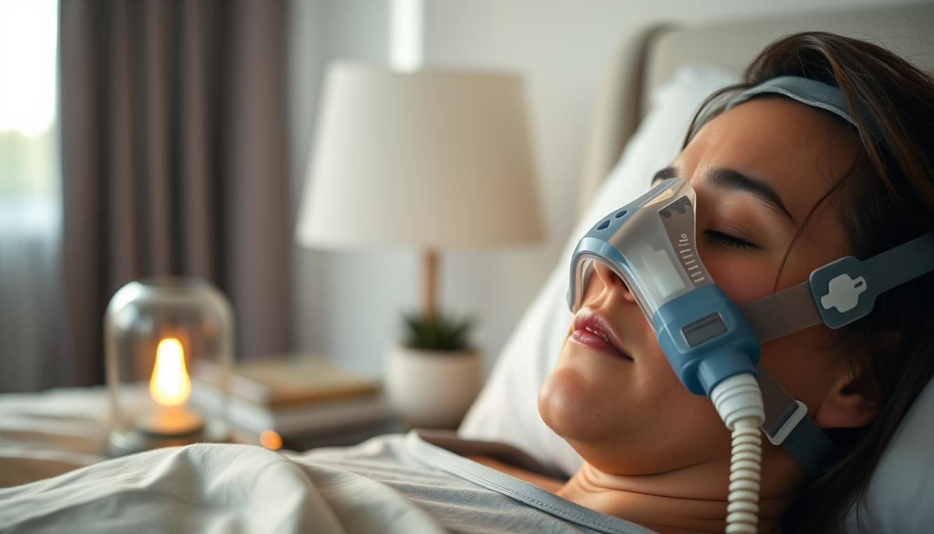 A close-up of a sleeping person, wearing a CPAP mask connected to a sleep apnea machine, indicating a peaceful and restful sleep. The person's face is calm and relaxed, showcasing a new sense of relief from headaches. In the middle ground, a bedside table holds a small lamp casting warm, soft light, creating a cozy atmosphere. The background features a serene bedroom with muted colors, emphasizing tranquility, with a window showing gentle morning light filtering through sheer curtains. The overall mood is comforting and restorative, capturing the positive impact of using a sleep machine on daily well-being. The angle is slightly elevated, focusing on the person while keeping the bedroom details soft and subtle.