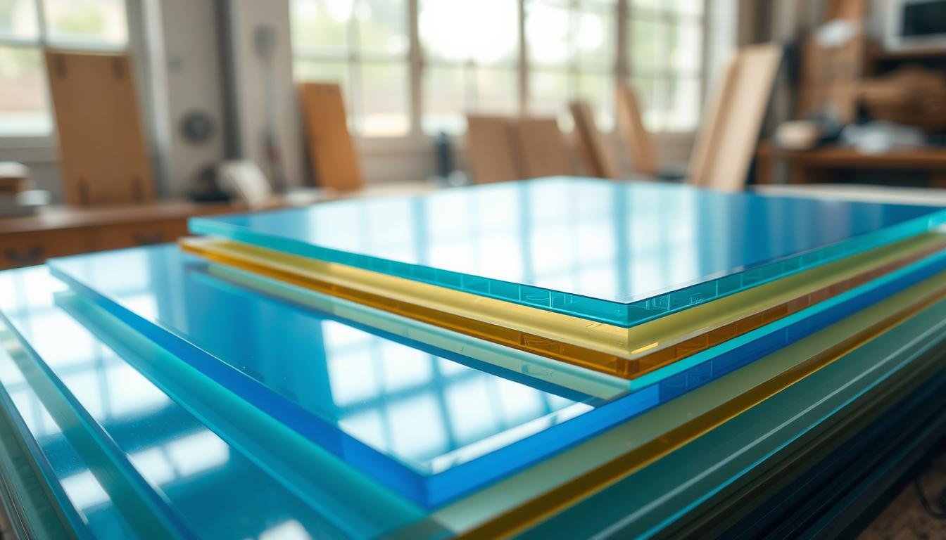 A close-up view of UV protected polycarbonate sheets stacked at various angles, showcasing their translucent and tinted qualities. In the foreground, focus on a sheet displaying a deep blue tint, highlighting its glossy surface texture that reflects light. The middle layer should feature additional sheets in lighter colors, such as amber and green, demonstrating their versatility. The background includes soft natural lighting coming through a large window, emphasizing the sheets' ability to filter UV rays while allowing an ethereal glow. The scene is set in a modern workshop environment, with tools and materials subtly visible, suggesting a customized approach to polycarbonate applications. The overall mood is professional yet innovative, portraying the benefits of using flat polycarbonate sheets in design and construction.