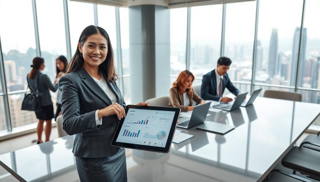A professional business setting in Hong Kong, featuring a collaborative meeting among diverse individuals in business attire. In the foreground, a female entrepreneur points to a digital tablet displaying financial graphs and cost-reduction strategies. The middle ground shows others engaged in discussion, with documents and laptops on a sleek conference table. In the background, floor-to-ceiling windows reveal a panoramic view of the Hong Kong skyline with skyscrapers and Victoria Harbour under bright daylight. The atmosphere is dynamic and focused, emphasizing collaboration and strategic planning. Soft, natural lighting enhances the professionalism of the scene, while a wide-angle lens captures the vibrancy of the environment, conveying a sense of progress and opportunity.