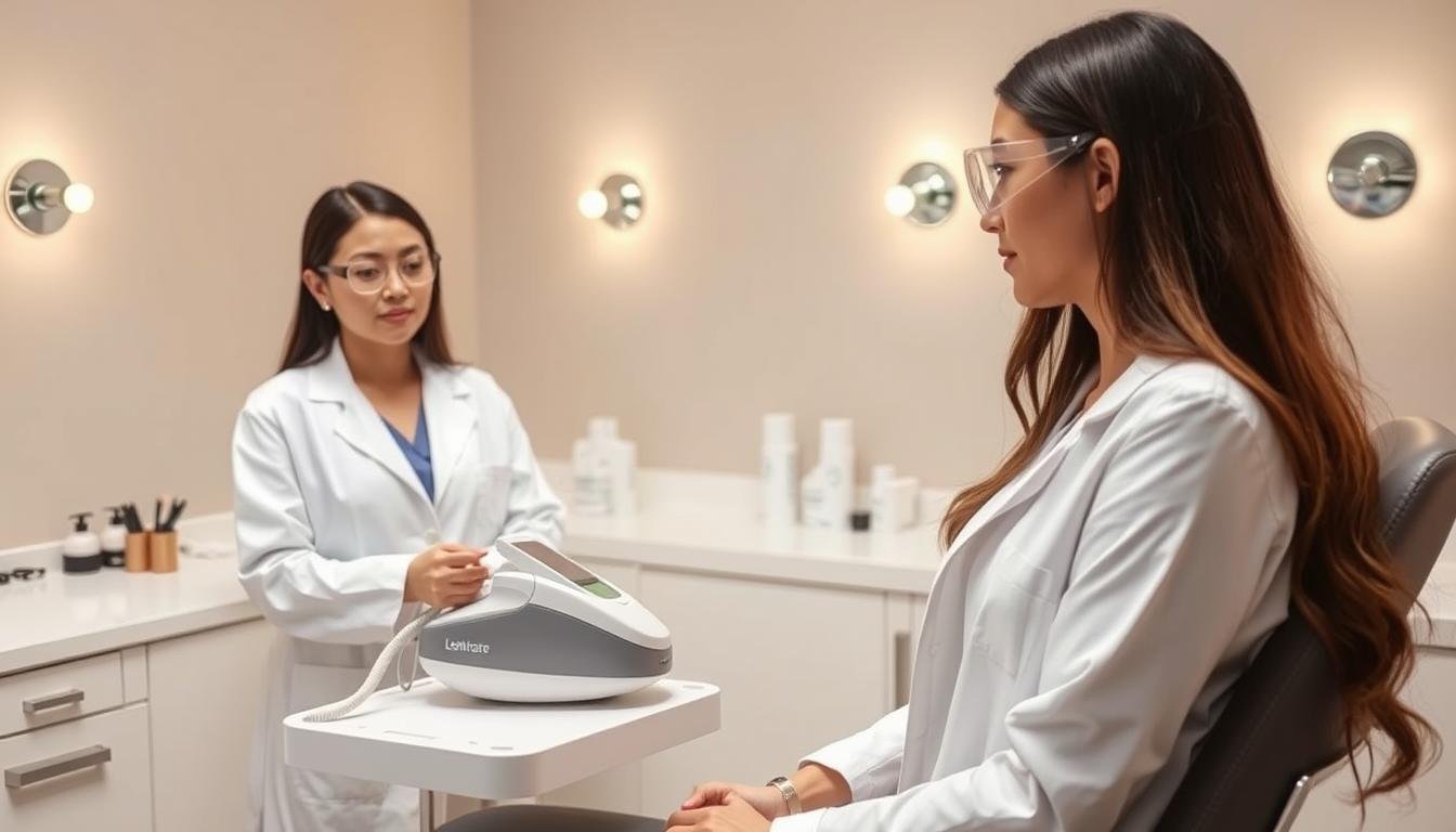 A serene and well-lit skincare treatment room, showcasing preparation for laser hair removal. In the foreground, a professional female technician, dressed in a clean white lab coat and protective eyewear, is carefully explaining the procedure to a patient who is seated comfortably in a treatment chair. The patient, wearing modest casual clothing, appears relaxed as they listen attentively. In the middle ground, a sleek laser hair removal device can be seen on a sanitized countertop, surrounded by various skincare products and instruments. The background features softly glowing wall sconces that create a warm, inviting atmosphere, suggesting a sense of comfort and professionalism. The overall mood is calm and reassuring, emphasizing safety and care before the procedure.