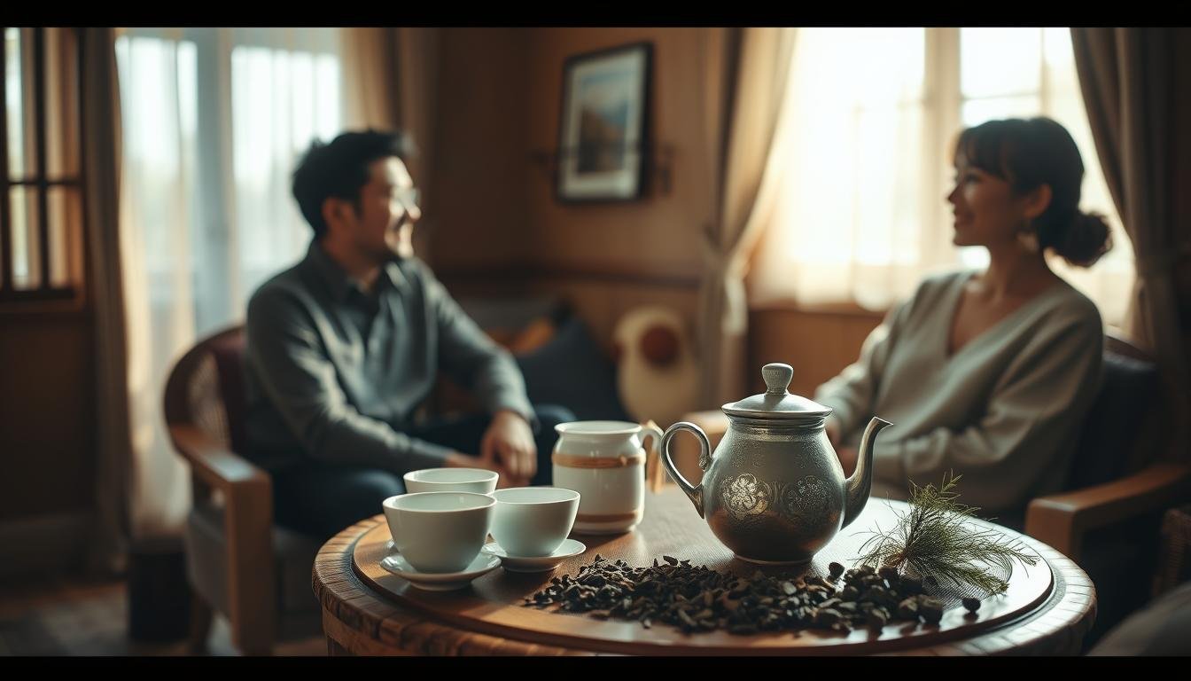A serene tea interaction scene set in a cozy, warmly lit room, featuring a small round table adorned with an elegant tea set including fine china cups and a bamboo teapot. In the foreground, a couple in modest casual clothing sits engaged in conversation, their expressions reflecting joy and connection. The middle ground showcases delicate tea leaves and aromatic herbs artistically arranged beside the tea set. In the background, soft curtains flutter gently in the breeze, filtering natural light that adds a golden glow to the ambiance. The overall atmosphere is intimate and inviting, evoking a sense of relaxation and warmth, inviting viewers to experience a peaceful moment of tea appreciation. 4:3 aspect ratio, cinematic vibes.