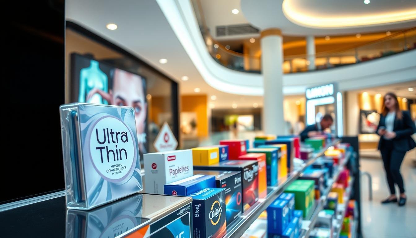 A well-lit, modern retail display at Moon River Mall showcasing assorted thin condoms on elegantly designed shelves. In the foreground, a close-up of a clear package highlighting the label "Ultra Thin". The middle ground features several tastefully arranged condom boxes in various colors and designs, emphasizing diversity in brands. The background displays the stylish architecture of the mall, with soft ambient lighting casting a warm glow over the scene. The atmosphere is inviting, suggesting convenience and discretion for shoppers. A professional-looking person in modest casual clothing is seen browsing, adding a sense of relatable activity. Capture this scene from a slight angle to convey depth, with a focus on the products while maintaining a clean, organized presentation.