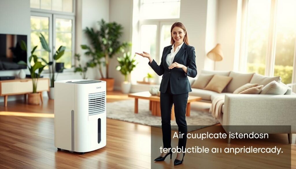 A bright, inviting living room scene showcasing a modern, high-quality home dehumidifier prominently placed on a sleek wooden floor. In the foreground, a neatly dressed professional woman points towards the dehumidifier, radiating enthusiasm and confidence, while wearing business casual attire. In the middle ground, a well-furnished living room with plants and cozy furniture enhances the atmosphere, suggesting comfort and air quality improvement. The background features large windows with soft natural light streaming in, creating a warm and inviting mood. The image composition focuses on the product while highlighting the lifestyle benefits of using such a device, encouraging consumers to consider purchasing one through reliable American purchasing channels.