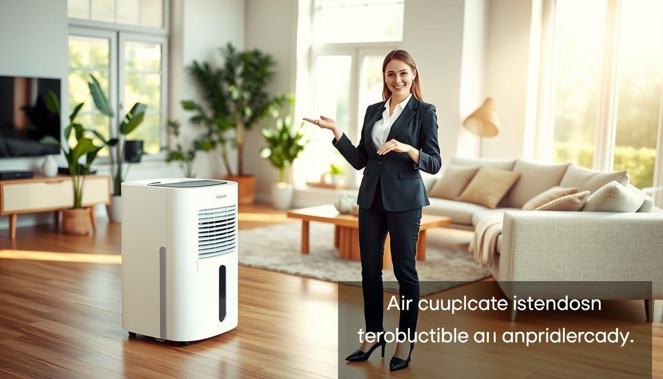 A bright, inviting living room scene showcasing a modern, high-quality home dehumidifier prominently placed on a sleek wooden floor. In the foreground, a neatly dressed professional woman points towards the dehumidifier, radiating enthusiasm and confidence, while wearing business casual attire. In the middle ground, a well-furnished living room with plants and cozy furniture enhances the atmosphere, suggesting comfort and air quality improvement. The background features large windows with soft natural light streaming in, creating a warm and inviting mood. The image composition focuses on the product while highlighting the lifestyle benefits of using such a device, encouraging consumers to consider purchasing one through reliable American purchasing channels.