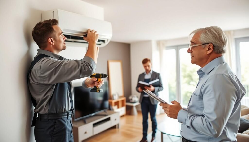 A professional setting depicting the installation of an air conditioning unit in a modern apartment. In the foreground, a technician in a neat uniform is carefully installing the air conditioning unit on a wall, using tools like a drill and screwdriver. The middle ground shows a slightly concerned resident, dressed in smart casual attire, observing the installation process with a clipboard in hand, indicating their role in overseeing the work. The background features a bright, well-lit living room with large windows allowing natural light to filter in, revealing contemporary furniture. The overall mood is focused and professional, conveying the importance of presence during the installation. Use soft natural lighting to enhance the clarity of the scene, shot from a slightly angled perspective that captures both the technician and the resident's expressions.