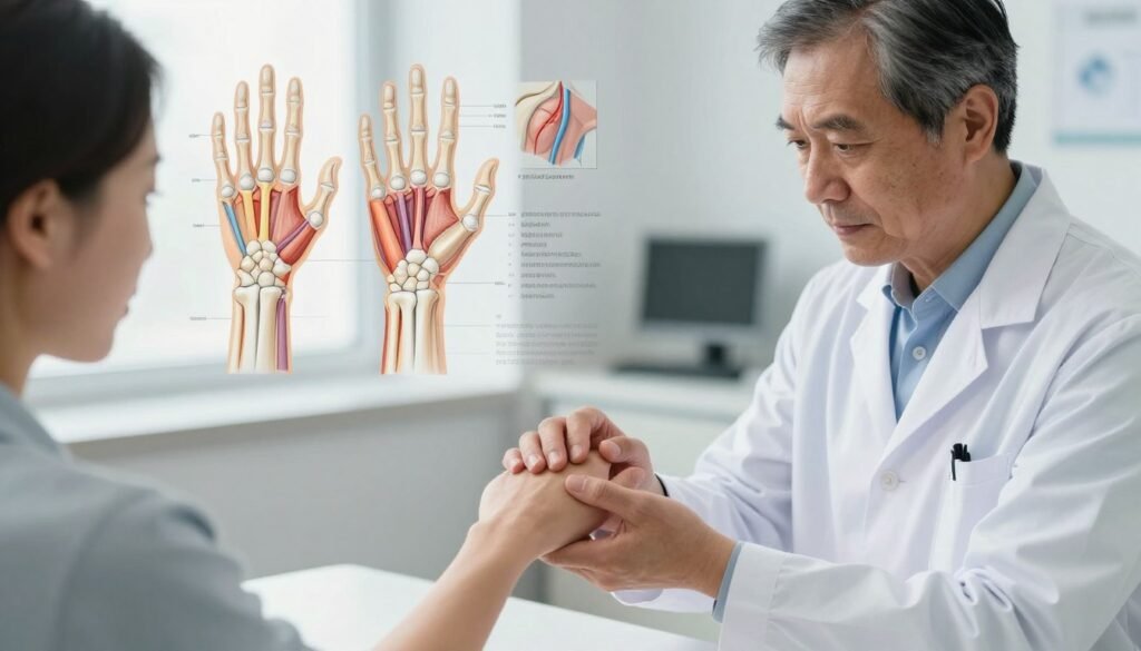A detailed illustration depicting the common causes of wrist pain treatment, focusing on the anatomical structure of the wrist. In the foreground, show a professional, middle-aged doctor in a lab coat examining a patient's wrist with visible pain and discomfort, showcasing the doctor's focused expression. In the middle ground, include anatomical diagrams and models of the wrist highlighting ligaments, tendons, and potential areas of injury. The background should be a modern medical clinic, with soft, natural lighting illuminating the scene, creating a calm and professional atmosphere. Use a slightly elevated angle to capture both the doctor’s meticulous examination and the educational details of wrist anatomy. Emphasize clarity and realism without any text or distractions.