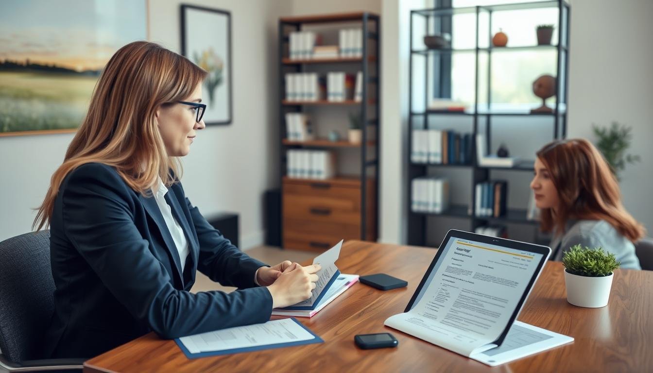A serene and professional office setting where a female psychiatrist, wearing a smart business suit, is actively engaged in assessing a patient with anxiety. In the foreground, the psychiatrist sits at a sleek wooden desk, surrounded by clinical assessment tools and a laptop, displaying a detailed treatment plan. The patient, seated across from her, appears calm yet attentive, dressed in modest casual clothing. In the middle background, a wall adorned with calming artwork and shelves filled with psychology books set a reassuring mood. Soft, natural light filters in through a window, creating a warm and inviting atmosphere. The focus is on the interaction, highlighting the importance of tailored treatment strategies for anxiety management. The overall scene conveys professionalism and empathetic care.