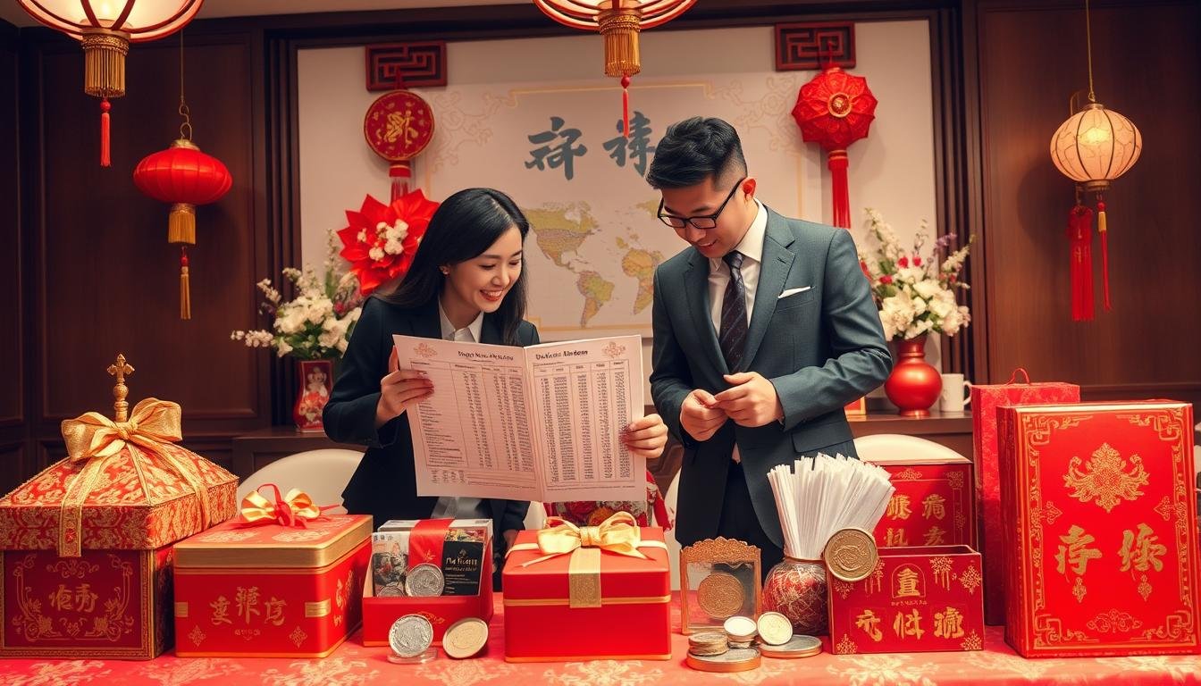 A beautifully arranged table showcasing various traditional Taiwanese wedding gifts and symbolic items associated with "聘金行情" (bride price market). In the foreground, display elegant red and gold ceremonial boxes, intricately patterned fabric, and traditional coins representing wealth. In the middle, a couple in professional attire, engaged in a thoughtful discussion, examining a detailed wedding budget chart. The background features soft, warm lighting accented by ornate decorations characteristic of Taiwanese wedding ceremonies, with subtle hints of traditional motifs and floral arrangements. The atmosphere is inviting and celebratory, suggesting a blend of cultural understanding and modern financial planning. The scene captures the essence of regional customs and the significance of bride price in Taiwanese weddings.